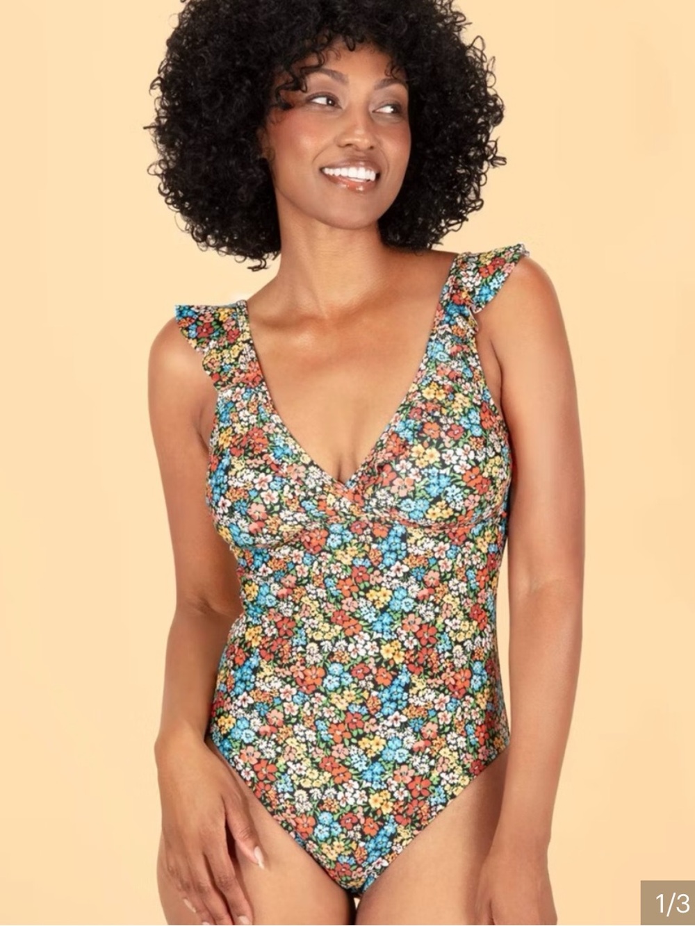 Lands' End NWT M Floral Ruffle sexy blue orange yello V-Neck One-Piece Swimsuit